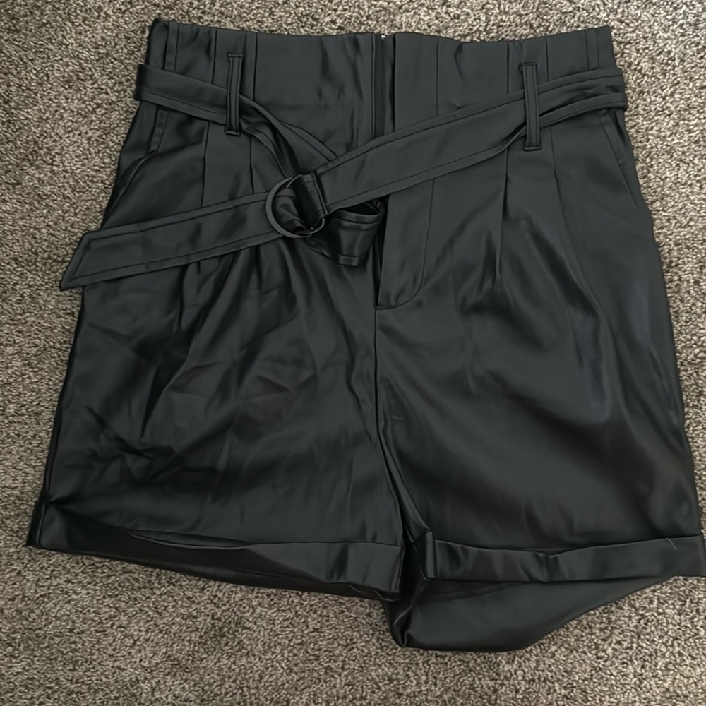 Lulus black vegan leather cuffed belted black shorts